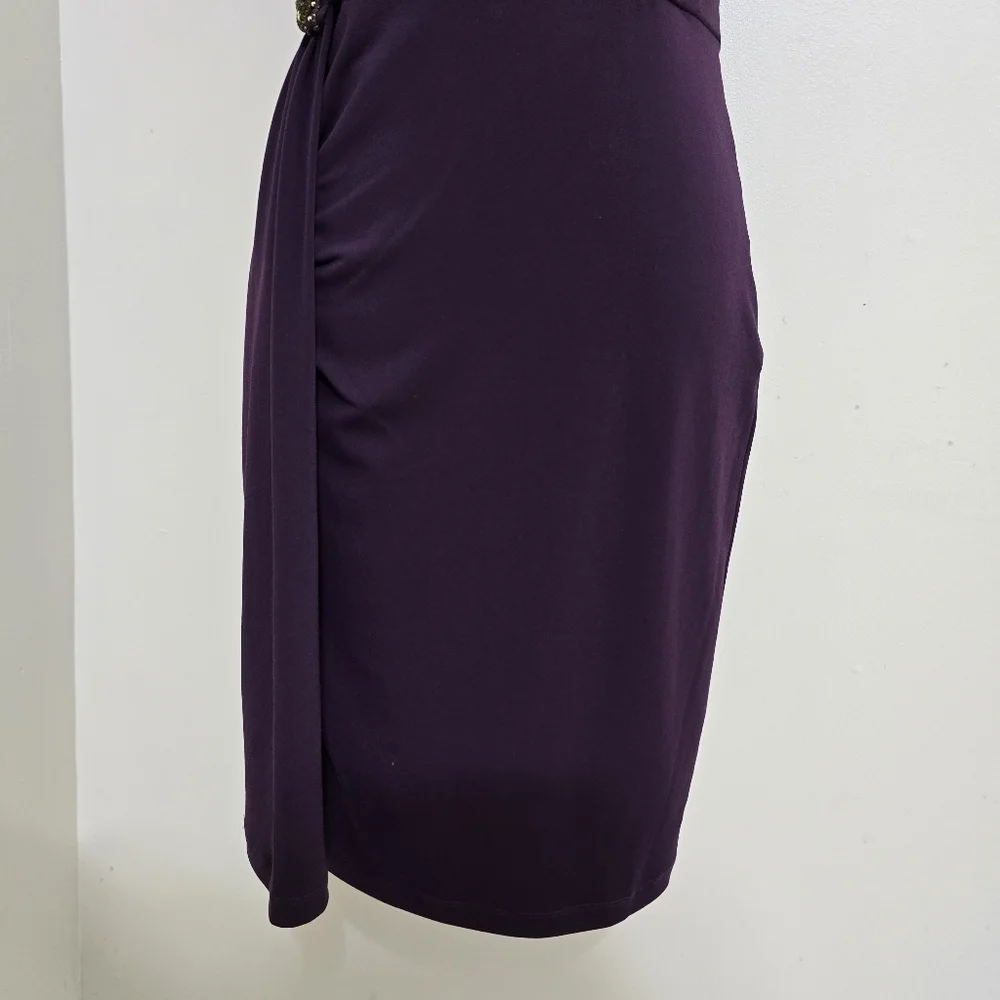 CALVIN KLEIN size 6 Stretch‎ Zip Ruched One Shoulder Embellished Dress Purple